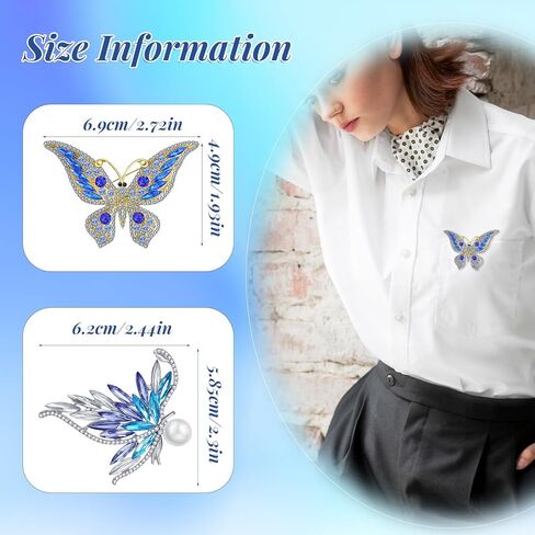 2PCS Rhinestone Pearl Butterfly Brooch, Blue Rhinestone Butterfly Lapel Pins, Sparkling Metal Butterflies Brooch Pin for Weddings, Christmas, Birthdays, Parties, and Everyday Wear, Gift for Women in Kuwait