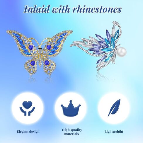 2PCS Rhinestone Pearl Butterfly Brooch, Blue Rhinestone Butterfly Lapel Pins, Sparkling Metal Butterflies Brooch Pin for Weddings, Christmas, Birthdays, Parties, and Everyday Wear, Gift for Women in Kuwait