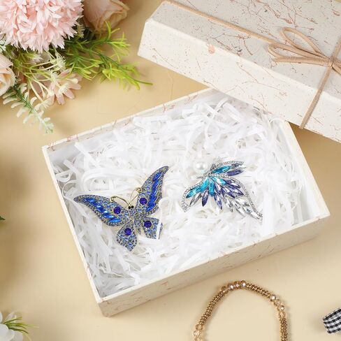 2PCS Rhinestone Pearl Butterfly Brooch, Blue Rhinestone Butterfly Lapel Pins, Sparkling Metal Butterflies Brooch Pin for Weddings, Christmas, Birthdays, Parties, and Everyday Wear, Gift for Women in Kuwait