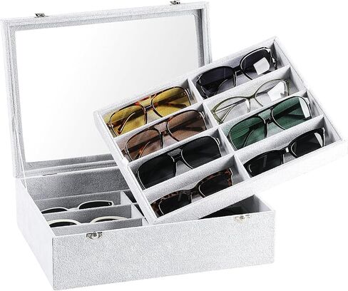 Frebeauty 16 Slots Sunglasses Organizer,2 Layer Velvet Sunglasses Tray with Glass Lid,Multiple Pairs Sunglass Display Case for Man or Woman,13.7 * 10.25 * 4.1 Inches Eyeglass/Eyewear Box (Beige) in Kuwait