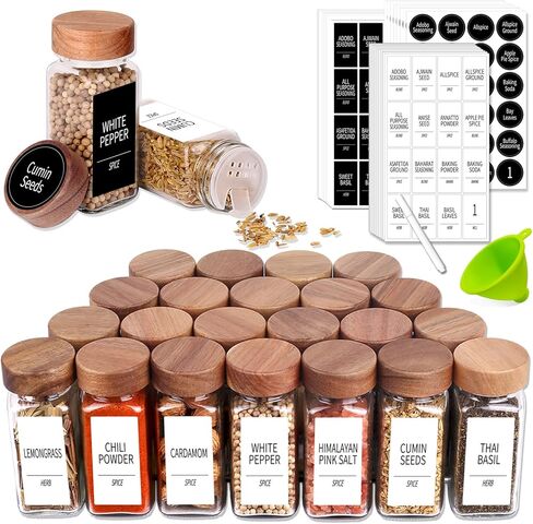 Churboro 24 Spice Square Containers with 547 Labels, Acacia Wood Shaker Lids, Chalk Pen, Funnel Seasoning Glass Jars for Spice Rack, Cabinet, or Drawer, 4 Oz in Kuwait