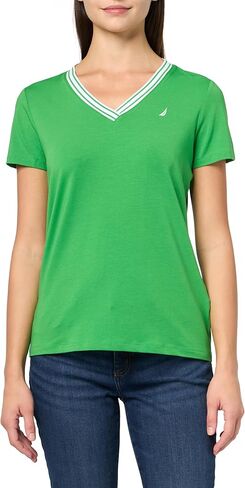 Nautica Women's Tipped Short Sleeve V-Neck Shirt, New Leaf, Medium in Saudi Arabia