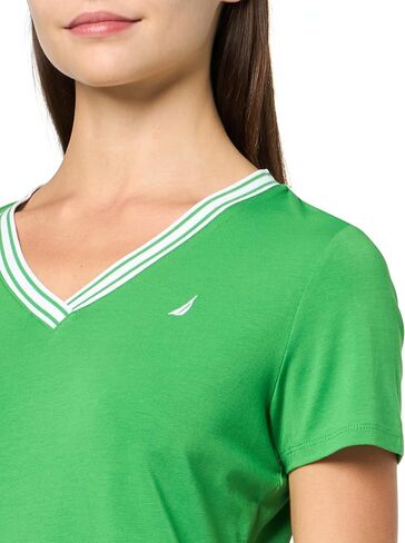 Nautica Women's Tipped Short Sleeve V-Neck Shirt, New Leaf, Medium in Saudi Arabia