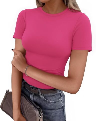 Crew Neck Short Sleeve Shirts for Women Fitted Basic Tees Fashion Tops in Saudi Arabia