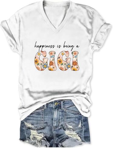 Grandma T Shirt Women Happiness is Being a Gigi V Neck Shirts Vintage Graphic Grandma Tees Summer Short Sleeve Tops in Kuwait