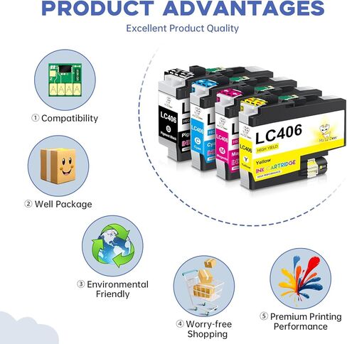 خراطيش حبر Miss Deer LC406 LC406XL عالية الإنتاجية بديلة لأخيه LC406XL LC406، تعمل لطابعة MFC-J4335DW MFC-J4535DW MFC-J5855DW MFC-J6555DW MFC-J6955DW (BK/C/M/Y) in Kuwait