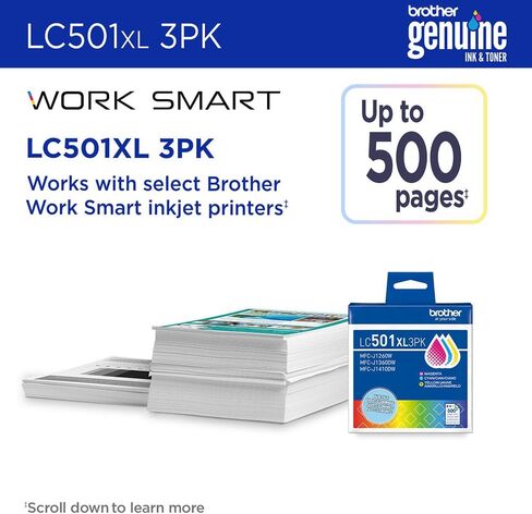 Brother Genuine LC501XL3PKS Ink Cartridges High Yield Color 3 Pack (Cyan, Magenta, Yellow) for MFC-J1260DW MFC-J1360DW MFC-J1410DW with Tech Smart USA Printer Essentials Download Card for PC in Saudi Arabia