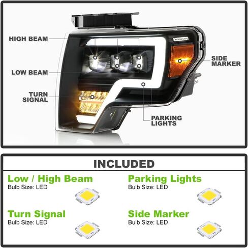 ACANII - For 2009-2014 Ford F 150 Pickup [Halogen Model] Full LED Light Tube w/ 3 LED Projector Headlights Headlamps Pair in Kuwait