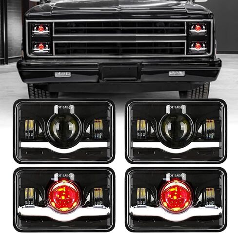 مصابيح أمامية 4x6 LED معتمدة مع عين الشيطان الحمراء DRL متوافقة مع شاحنة Peterbilt 379 Kenworth T800 Oldsmobile شبه - 4 قطع in Kuwait