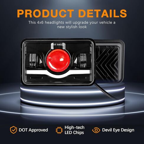 مصابيح أمامية 4x6 LED معتمدة مع عين الشيطان الحمراء DRL متوافقة مع شاحنة Peterbilt 379 Kenworth T800 Oldsmobile شبه - 4 قطع in Kuwait