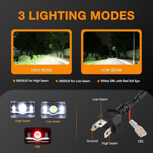 مصابيح أمامية 4x6 LED معتمدة مع عين الشيطان الحمراء DRL متوافقة مع شاحنة Peterbilt 379 Kenworth T800 Oldsmobile شبه - 4 قطع in Kuwait