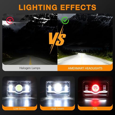 مصابيح أمامية 4x6 LED معتمدة مع عين الشيطان الحمراء DRL متوافقة مع شاحنة Peterbilt 379 Kenworth T800 Oldsmobile شبه - 4 قطع in Kuwait