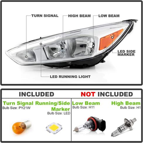 YeewellACANII - For [Halogen Type Chrome Housing w/LED DRL] 2015-2018 Ford Focus Headlight Headlamp Assembly Left Driver Side in Kuwait
