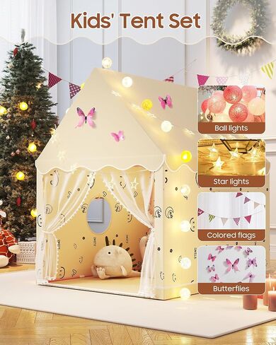 Kids Play Tent, Kids Playhouse Set with Light String, Ball Lights, Colorful Flags, Cloud, Butterfly Decoration, Tent for Kid Indoor & Outdoor, Child Tents Toddles Castle for Boys Girls in Saudi Arabia