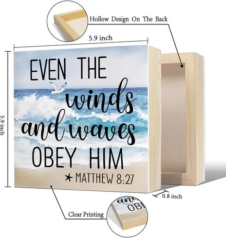 Even The Winds And Waves Obey Him Wooden Box Sign, Funny Ocean Beach Office Desk Decor for Christian Coworker, Religious Gifts Wooden Box Sign Plaque for Home Shelf Bathroom Table in Saudi Arabia