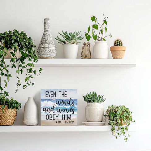 Even The Winds And Waves Obey Him Wooden Box Sign, Funny Ocean Beach Office Desk Decor for Christian Coworker, Religious Gifts Wooden Box Sign Plaque for Home Shelf Bathroom Table in Saudi Arabia