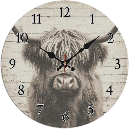 Highland Cow Rustic Barn Wall Clock, 10 Inch Silent Non-Ticking Timepiece, Vintage Farmhouse Decor for Living Room Bedroom Kitchen in Saudi Arabia