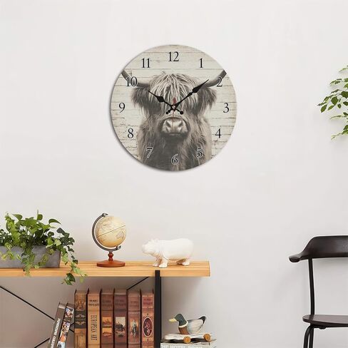 Highland Cow Rustic Barn Wall Clock, 10 Inch Silent Non-Ticking Timepiece, Vintage Farmhouse Decor for Living Room Bedroom Kitchen in Saudi Arabia