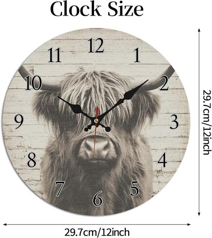 Highland Cow Rustic Barn Wall Clock, 10 Inch Silent Non-Ticking Timepiece, Vintage Farmhouse Decor for Living Room Bedroom Kitchen in Saudi Arabia
