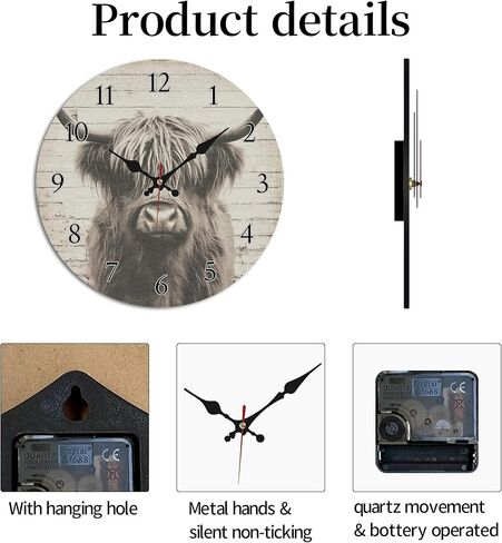 Highland Cow Rustic Barn Wall Clock, 10 Inch Silent Non-Ticking Timepiece, Vintage Farmhouse Decor for Living Room Bedroom Kitchen in Saudi Arabia