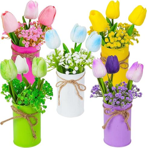ديكور طاولة عيد الفصح الربيعي، قطع مركزية للطاولات مع 15 قطعة من زهور التوليب الملونة والزهور الاصطناعية وأنفاس الأطفال، والزهور المزيفة مع وعاء معدني، وديكورات عيد الفصح للمنزل والمطبخ والمكتب in Kuwait