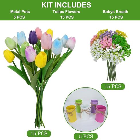 ديكور طاولة عيد الفصح الربيعي، قطع مركزية للطاولات مع 15 قطعة من زهور التوليب الملونة والزهور الاصطناعية وأنفاس الأطفال، والزهور المزيفة مع وعاء معدني، وديكورات عيد الفصح للمنزل والمطبخ والمكتب in Kuwait