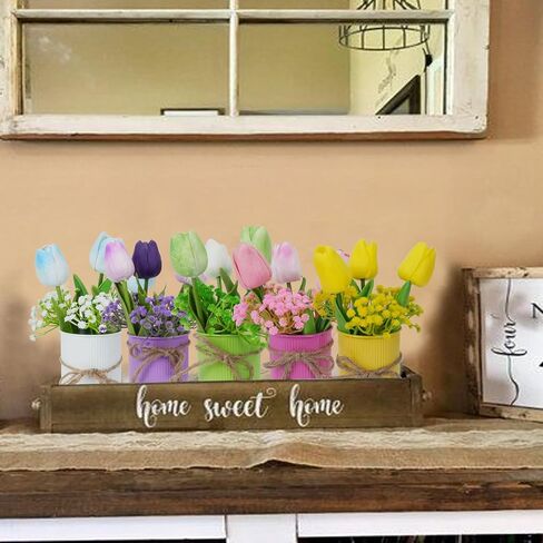 ديكور طاولة عيد الفصح الربيعي، قطع مركزية للطاولات مع 15 قطعة من زهور التوليب الملونة والزهور الاصطناعية وأنفاس الأطفال، والزهور المزيفة مع وعاء معدني، وديكورات عيد الفصح للمنزل والمطبخ والمكتب in Kuwait