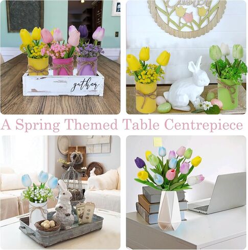 ديكور طاولة عيد الفصح الربيعي، قطع مركزية للطاولات مع 15 قطعة من زهور التوليب الملونة والزهور الاصطناعية وأنفاس الأطفال، والزهور المزيفة مع وعاء معدني، وديكورات عيد الفصح للمنزل والمطبخ والمكتب in Kuwait
