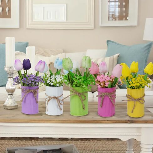 ديكور طاولة عيد الفصح الربيعي، قطع مركزية للطاولات مع 15 قطعة من زهور التوليب الملونة والزهور الاصطناعية وأنفاس الأطفال، والزهور المزيفة مع وعاء معدني، وديكورات عيد الفصح للمنزل والمطبخ والمكتب in Kuwait