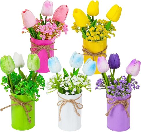 ديكور طاولة عيد الفصح الربيعي، قطع مركزية للطاولات مع 15 قطعة من زهور التوليب الملونة والزهور الاصطناعية وأنفاس الأطفال، والزهور المزيفة مع وعاء معدني، وديكورات عيد الفصح للمنزل والمطبخ والمكتب in Kuwait