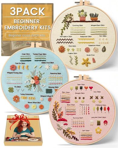 Hi-yomilaugh 3 حزمة المبتدئين مجموعات التطريز للبالغين DIY Craft Starter مجموعة مع أنماط مختومة تطريز إبر ملونة الملونة من السهل اتباع التعليمات والفيديو التعليمي in Saudi Arabia