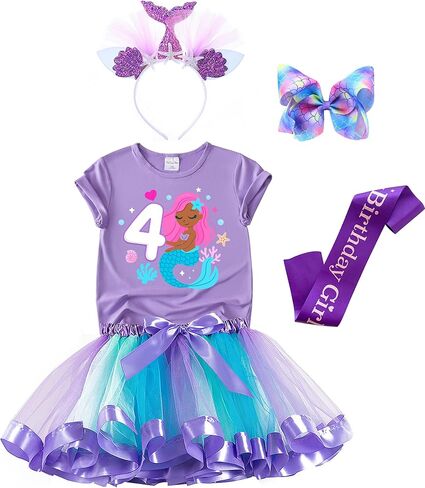 Mermaid Birthday Tutu Skirt, Shirt, Headband, Hairbow, Satin Sash Birthday Outfit for Girls in Kuwait