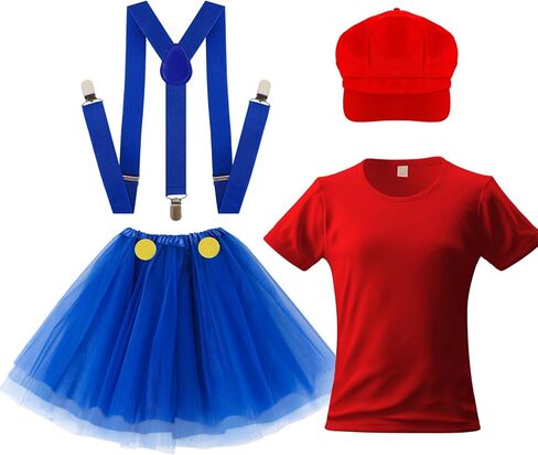 Haysandy 4 Pcs Halloween Cosplay Costume T Shirt Cap Blue Suspenders Tutu Skirt Costume Accessories for Themed Party in Saudi Arabia
