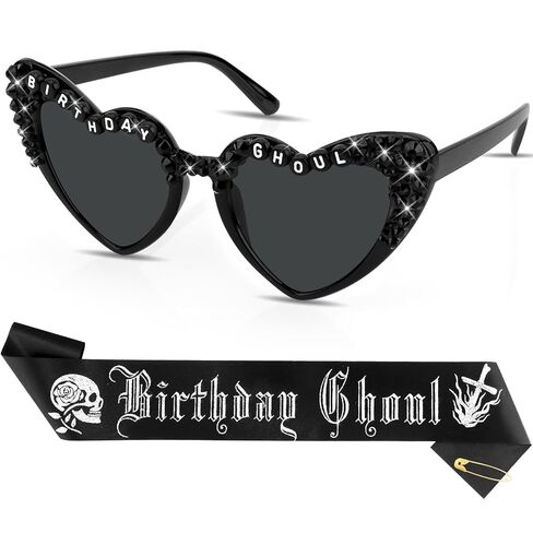 Chanaco Birthday Sash for Women Goth Birthday Party Decorations for Girls Black Ghoul Sash and Heart Sunglasses Spooky Emo Horror Gothic Gifts Halloween Accessories in Kuwait
