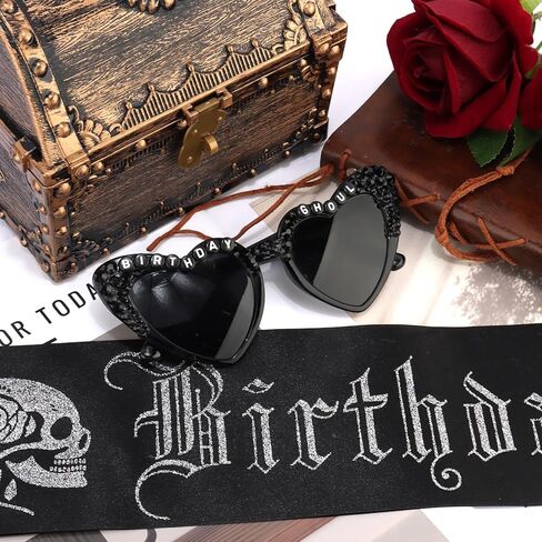 Chanaco Birthday Sash for Women Goth Birthday Party Decorations for Girls Black Ghoul Sash and Heart Sunglasses Spooky Emo Horror Gothic Gifts Halloween Accessories in Kuwait