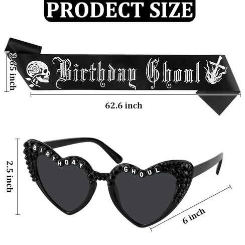 Chanaco Birthday Sash for Women Goth Birthday Party Decorations for Girls Black Ghoul Sash and Heart Sunglasses Spooky Emo Horror Gothic Gifts Halloween Accessories in Kuwait