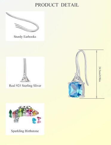 Gemstone Square Shape 925 Sterling Silver Dangle Earrings with Birthstone For Women in Saudi Arabia