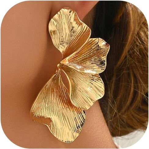 Chunky Statement Leaf Earrings for Women,Large Flower Dangle Drop Earrings Punk Chic Ginkgo Leaf Floral Stud Earring Exaggerated Unique Prom Jewelry in Kuwait