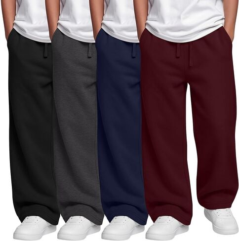 4 Pack Boys Sweatpants Kids Straight Wide Leg Athletic Pants Baggy Drawstring Open Bottom Joggers with Pockets in Kuwait
