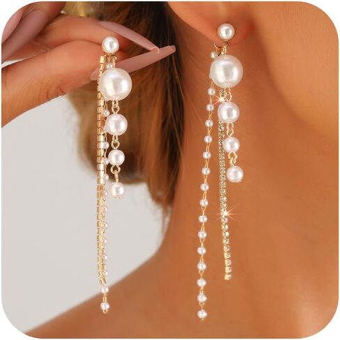 Long Pearl Drop Earrings for Women Trendy Pearl Tassel Earrings Sparkly Pearls and Rhinestone Ear-rings Bridal Wedding Guest Dress Jewelry Accessories in Saudi Arabia