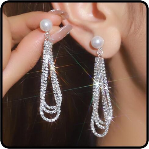 Long Pearl Drop Earrings for Women Trendy Pearl Tassel Earrings Sparkly Pearls and Rhinestone Ear-rings Bridal Wedding Guest Dress Jewelry Accessories in Saudi Arabia