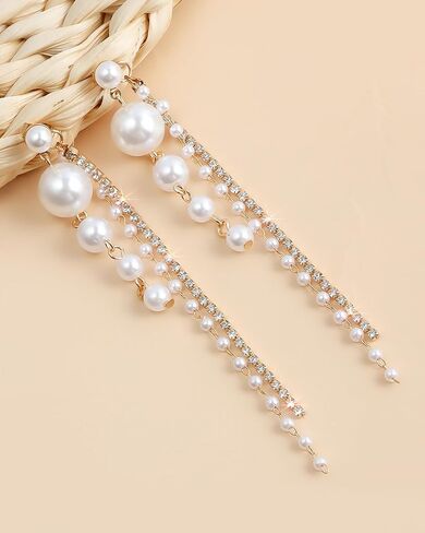 Long Pearl Drop Earrings for Women Trendy Pearl Tassel Earrings Sparkly Pearls and Rhinestone Ear-rings Bridal Wedding Guest Dress Jewelry Accessories in Saudi Arabia