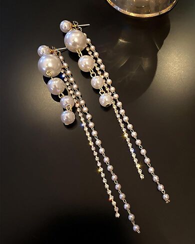 Long Pearl Drop Earrings for Women Trendy Pearl Tassel Earrings Sparkly Pearls and Rhinestone Ear-rings Bridal Wedding Guest Dress Jewelry Accessories in Saudi Arabia