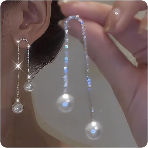 Long Pearl Drop Earrings for Women Trendy Pearl Tassel Earrings Sparkly Pearls and Rhinestone Ear-rings Bridal Wedding Guest Dress Jewelry Accessories in Saudi Arabia
