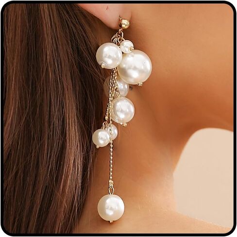Long Pearl Drop Earrings for Women Trendy Pearl Tassel Earrings Sparkly Pearls and Rhinestone Ear-rings Bridal Wedding Guest Dress Jewelry Accessories in Saudi Arabia