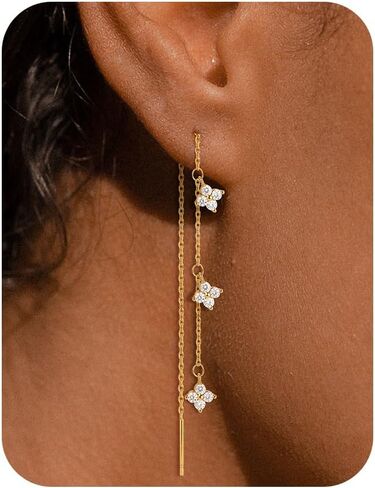 Gold Silver Dangle Earrings for Women Trendy 14K Gold Plated Drop Long Threader Chain Dangling Earring Hypoallergenic Pearl Butterfly Flower Clover CZ Wedding Earrings for Brides Jewelry Gifts in Kuwait