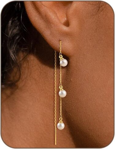Gold Silver Dangle Earrings for Women Trendy 14K Gold Plated Drop Long Threader Chain Dangling Earring Hypoallergenic Pearl Butterfly Flower Clover CZ Wedding Earrings for Brides Jewelry Gifts in Saudi Arabia