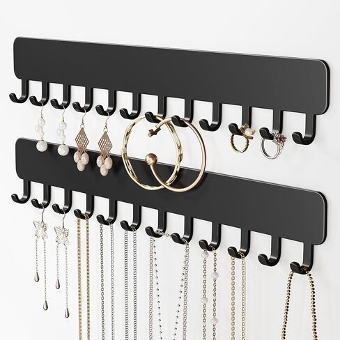 Wall-Mounted Jewelry Organizer, Self-Adhesive Hanging Holder with Hooks for Necklaces, Bracelets, Earrings - Display Storage for Women, 2PCS, Black in Saudi Arabia