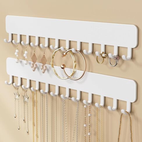 Wall-Mounted Jewelry Organizer, Self-Adhesive Hanging Holder with Hooks for Necklaces, Bracelets, Earrings - Display Storage for Women, 2PCS, Black in Kuwait