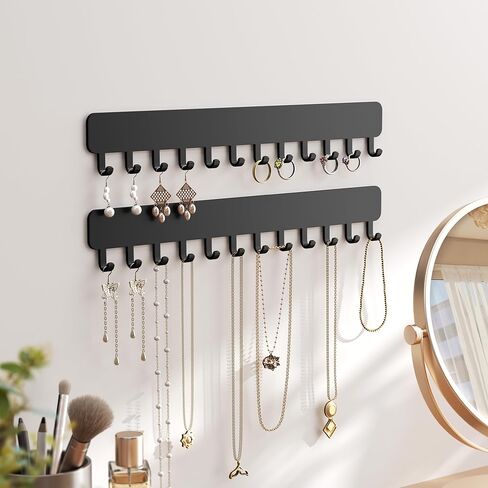 Wall-Mounted Jewelry Organizer, Self-Adhesive Hanging Holder with Hooks for Necklaces, Bracelets, Earrings - Display Storage for Women, 2PCS, Black in Saudi Arabia